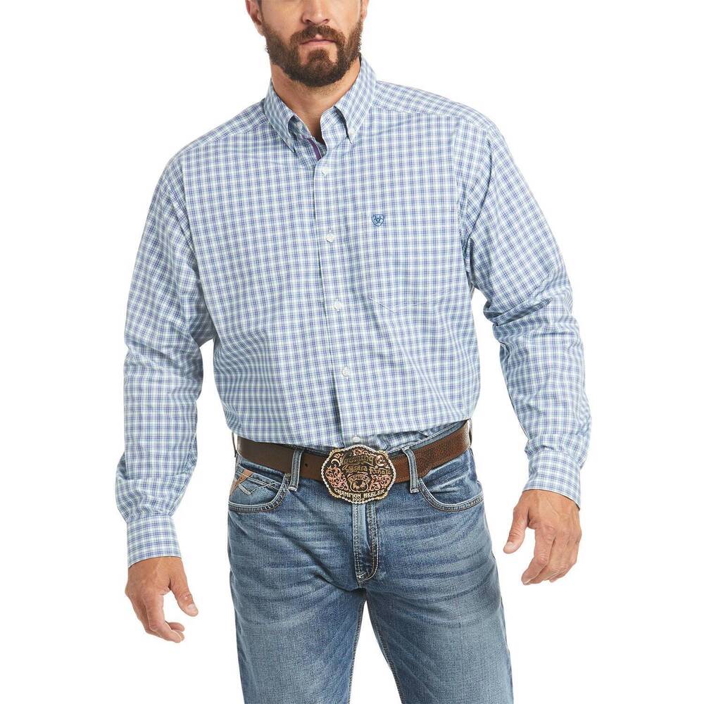 NEW ARIAT pro series caesar long sleeve button shirt in blue plaid